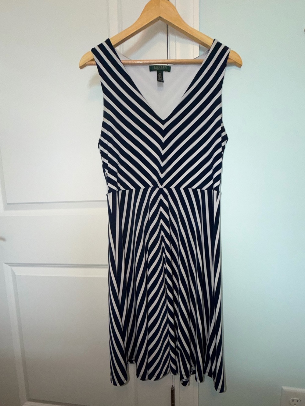 Ralph Lauren Navy and White Chevron Stripe A-line V-Neck Dress